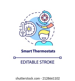 Smart thermostats concept icon. Smart home device abstract idea thin line illustration. Heating and cooling system control. Isolated outline drawing. Editable stroke. Arial, Myriad Pro-Bold fonts used