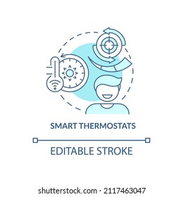 Smart thermostats turquoise concept icon. Operating air conditioner remotely abstract idea thin line illustration. Isolated outline drawing. Editable stroke. Arial, Myriad Pro-Bold fonts used
