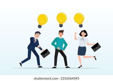 Smart thinking businessmen people office workers team up share light bulb lamp idea, sharing business ideas, collaboration meeting, sharing knowledge, teamwork thinking the same idea concept (Vector)