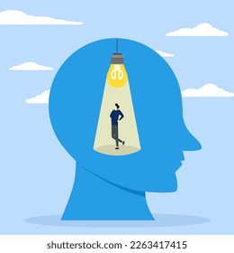 Smart thinking, creative mindset or emotional intelligence, smart thinking or psychology concept of wisdom or intuition in genius brain, smart businessman turning on light bulb idea in his genius head