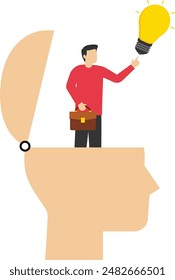 Smart thinking, creative mindset or emotional intelligence, smart thinking or psychology concept of wisdom or intuition in genius brain, smart businessman turning on light bulb idea in his genius head