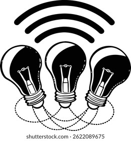 Smart three light bulbs icon vector. Group-controlled smart bulbs network logo.