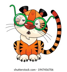 Smart tiger in glasses with an amazing face on a white background. Printing of T-shirts for children, cards, posters. Hand-drawn in cartoon style. Vector, illustration