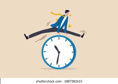 Smart time management, success in work strategy on business deadline or working time efficiency concept, smart happy and confidence businessman employee worker jump over time passing clock.