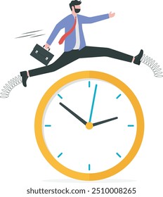 Smart Time Management, Erfolg in der Arbeitsstrategie auf Geschäftsschluss oder Arbeitszeit Effizienz Konzept, smart glücklich und Vertrauen Geschäftsmann Mitarbeiter springen über die Zeit übergeben Uhr.

