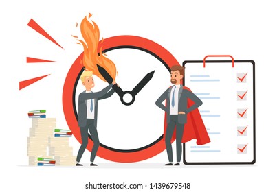 Smart time management vs chaos vector concept. Deadline illustration with cartoon character men. Chaos paperwork and smart management workday illustration