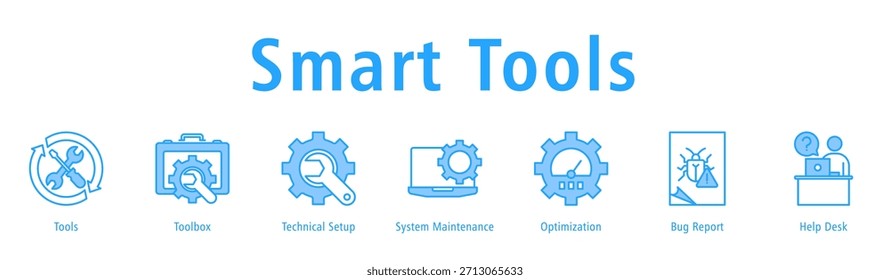 Smart Tools banner with icons of Tools, Toolbox, Technical Setup, System Maintenance, Optimization, Bug Report and Help Desk.