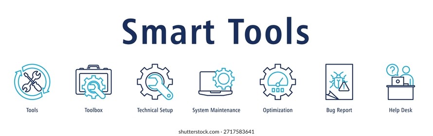 Banner de ferramentas inteligentes com ícones de ferramentas, caixa de ferramentas, configuração técnica, manutenção do sistema, otimização, relatório de erros e help desk.