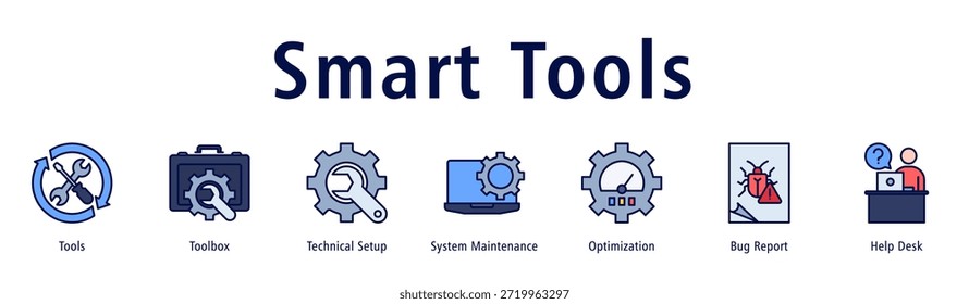 Banner de ferramentas inteligentes com ícones de ferramentas, caixa de ferramentas, configuração técnica, manutenção do sistema, otimização, relatório de erros e help desk.