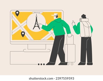 Ilustración vectorial de concepto abstracto del sistema de turismo inteligente. Tecnología digital, sistema de guías turísticas inteligentes, experiencia de viaje, guía inteligente, dispositivo de luz, puntos de información metáfora abstracta.