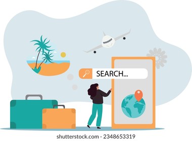 Sistema de turismo inteligente. El hombre elige un punto en el mapa en la pantalla del smartphone, geolocalización. Viajes y vacaciones, aplicación y programa para turistas, guía inteligente.ilustración plana vectorial.