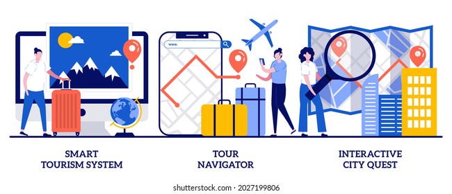 Smart tourism, tour navigator, interactive city quest concept with tiny people. Travel experience vector illustration set. Abroad country active recreation, sightseeing adventure planning metaphor.