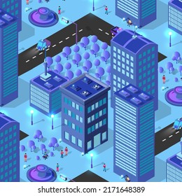 Smart town night city urban 3D illustration of neon ultraviolet of infrastructure isometric buildings. Vector graphics of the modern architecture construction.