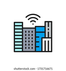 Smart town with Wi-Fi zone, technology city flat color line icon.
