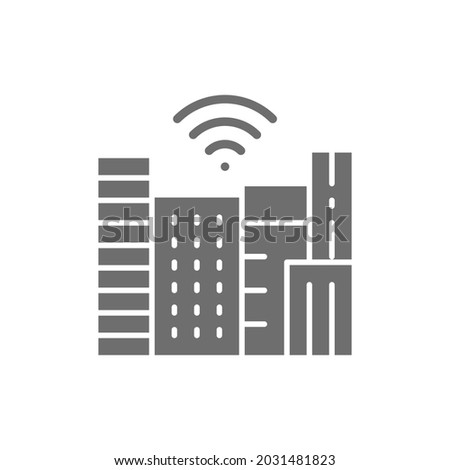 Smart town with Wi-Fi zone, technology city grey icon.