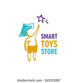 Smart toys store logo idea template. Kid in a graduation hat reaching for the star.