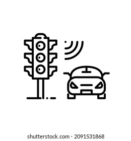 Smart traffic control system. Traffic light equipped with sensors. Internet of things technology. Pixel perfect, editable stroke icon