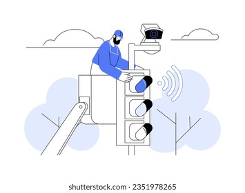 Smart traffic light abstract concept vector illustration. Man activates intelligent traffic light system, smart city, IoT idea, Internet of Things, modern technology abstract metaphor.