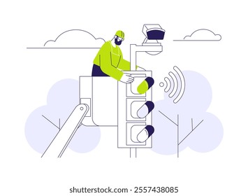 Smart traffic light abstract concept vector illustration. Man activates intelligent traffic light system, smart city, IoT idea, Internet of Things, modern technology abstract metaphor.