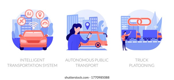 Smart traffic management, Internet of Things. Intelligent transportation system, autonomous public transport, truck platooning metaphors. Vector isolated concept metaphor illustrations.