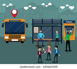 Smart transport concept, The crowd have waiting for self driving bus leaves at station - vector Illustration


