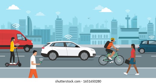 Smart transportation, driverless cars and people connecting in the city street, smart city concept