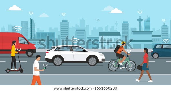 Smart transportation,\
driverless cars and people connecting in the city street, smart\
city concept
