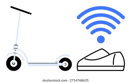 Transporte inteligente, movilidad eléctrica, innovación de IoT, transporte ecológico, energía sostenible, dispositivos inteligentes. Diseño minimalista de un scooter, señal inalámbrica y dock. Transporte inteligente