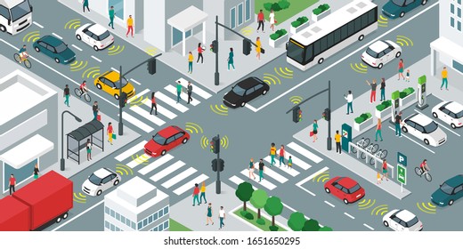 Smart transportation, people and vehicles moving in the city streets using sensors, iot and smart city concept