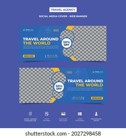 smart travel agency social media cover template design with three image placement. easily editable, eye-catchy professional design. This template can be used as web banner. Vector eps 10.