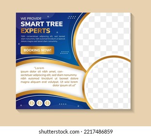plantilla de diseño de banner de expertos en árbol inteligentes con forma natural y fondo azul gradiente. signo de diseño horizontal. espacio de collage de fotos y texto. elementos de onda de gradiente dorado.