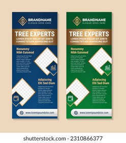 smart tree experts banner design template with natural shape and gradient blue and green background. vertical roll up layout sign. space of photo collage and text. gold gradient elements.