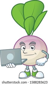 Smart turnip cartoon character working with laptop