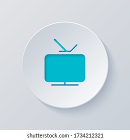 Smart TV, analog television. Icon of media. Cut circle with gray and blue layers. Paper style