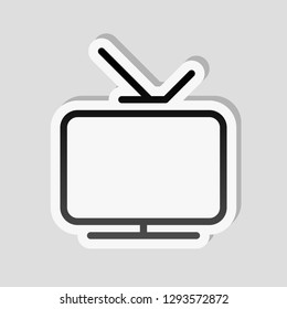 Smart TV, analog television. Linear outline icon of media. Sticker style with white border and simple shadow on gray background