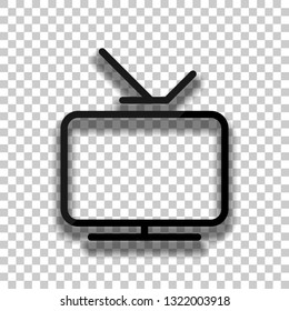 Smart TV, analog television. Linear outline icon of media. Black glass icon with soft shadow on transparent background