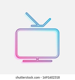 Televisión inteligente, televisión analógica. Icono de esquema lineal de medios. Logo coloreado con líneas diagonales y degradado azul-rojo. Gráfico neón, efecto ligero