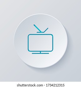 Smart TV, analog television. Linear outline icon of media. Cut circle with gray and blue layers. Paper style