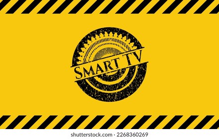 Smart TV black grunge emblem inside yellow warning sign. Vector Illustration. Detailed. 