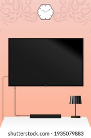 
Smart Tv blank screen hanging on the designer wall with clock and sound bar on desk with lamp in modern living room vector illustration