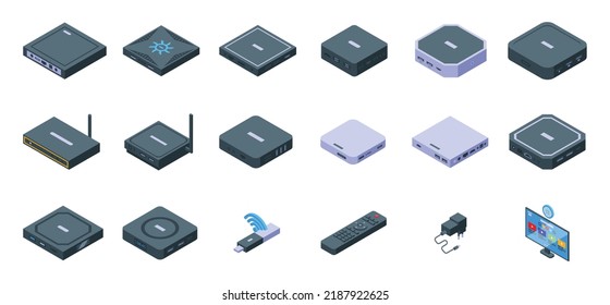 Smart TV Box Icons Set Isometric Vector. Remote Cable. Controller Device