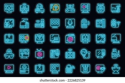 Smart TV box icons set outline vector. Remote cable. Controller device neon color on black