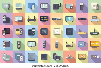 Smart TV box icons set flat vector. Cable device. Television movie