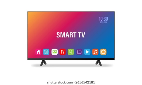 Smart-TV-Konzept-Illustration im flachen Stil mit Apps und Video-Player auf dem Bildschirm.
