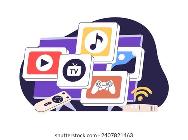 Concepto de TV inteligente. Dispositivo multimedia, gadget doméstico con aplicaciones de servicios de streaming. Aplicaciones de televisión para entretenimiento en línea por suscripción. Ilustración vectorial plana aislada en fondo blanco