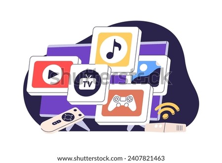 Smart TV concept. Multimedia device, home gadget with streaming services apps. Television applications for online entertainment by subscription. Flat vector illustration isolated on white background
