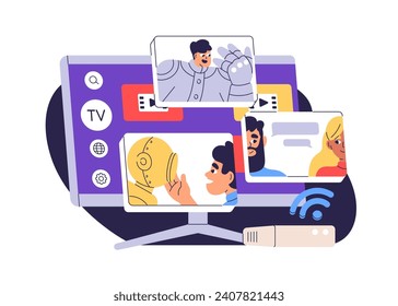 Smart TV concept. Streaming video service, television application for watching movies online in internet. Multimedia by subscription. Flat graphic vector illustration isolated on white background