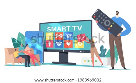 Smart Tv Concept. Tiny Family Characters Sitting on Sofa at Home at Huge Television Set Watch Video with Remote Control and Multimedia Box Console, Digital Service. Cartoon People Vector Illustration