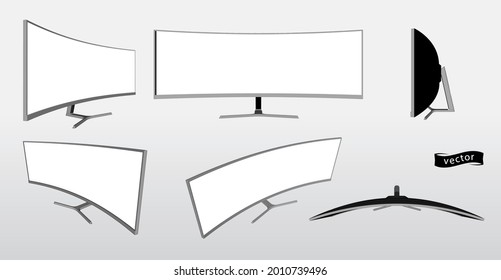 Smart Tv Curved 3d mofa realista. Marco curvo inteligente de tv con plantillas de visualización en blanco, vistas de ángulos diferentes. Vector. EPS 10.
