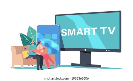 Smart Tv Digital Service Concept. Tiny Family Characters Sitting on Sofa at Home at Huge Television Set Watch Video with Remote Control and Multimedia Box Console. Cartoon People Vector Illustration